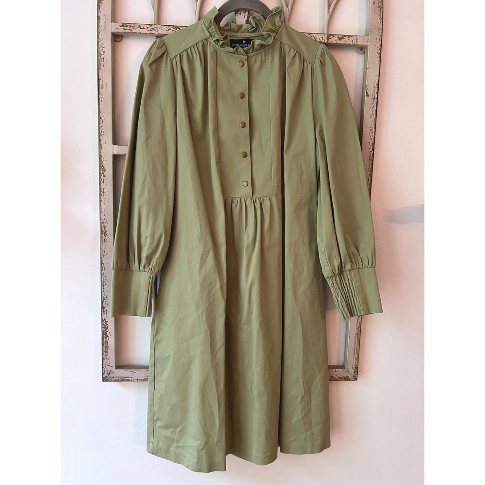 Tuckernuck Pomander Place Olive Green Ruffle Neck Button Front Mini Dress Size S